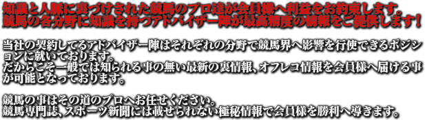 知識と人脈が豊富な投資競馬のプロ達が会員様へ利益をお約束します！投資競馬の各分野を持つ最強アドバイザー陣が密度の高い情報をご提供致します！